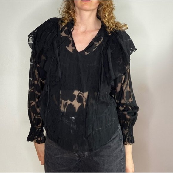 & Other Stories Tops - & Other Stories Black Sheer Floral Ruffle Blouse